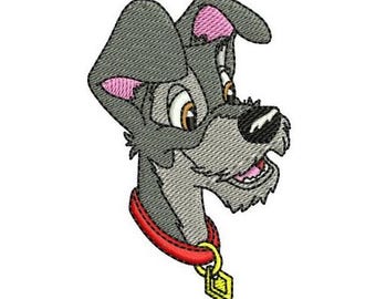 Diseño de bordado a máquina de vagabundo con cuello, diseño de Disney, diseño de personaje de La Dama y el Vagabundo, patrón de bordado de perro de dibujos animados, perro mascota