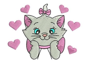 Diseño de bordado a máquina "Marie Face in Hearts", diseño de gato de Disney, patrón de bordado de personajes de Los Aristogatos, bordado de gatito atrevido
