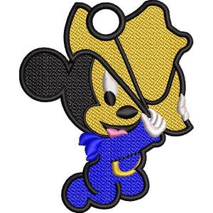 May include: A cartoon Mickey Mouse wearing a blue and yellow sheriff's outfit. The character is holding a yellow star-shaped badge.