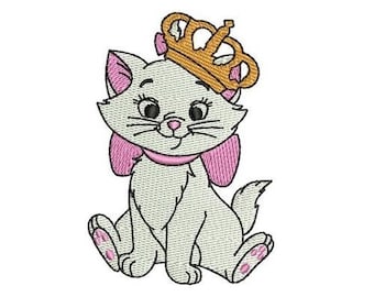 Diseño de bordado a máquina de Marie de Los Aristogatos con corona, diseño de gato Disney, patrón de bordado de personajes de Los Aristogatos, bordado de gatito travieso