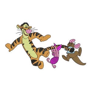 May include: An embroidered design featuring Tigger, Piglet, and Roo from Winnie the Pooh. Tigger is orange and black with a yellow belly, Piglet is pink, and Roo is brown. They are all smiling and appear to be playing together.