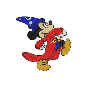 May include: A cartoon illustration of Mickey Mouse dressed as a sorcerer. He is wearing a blue hat with stars and a red robe. He is smiling and holding his hands up in the air.