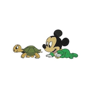 May include: A cartoon image of a baby Mickey Mouse in green pajamas crawling towards a small green turtle.