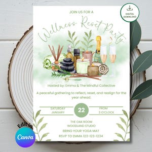 Puede incluir: Una invitación digital para una Wellness Reset Party con ilustraciones en acuarela de artículos de spa, incluyendo piedras apiladas, velas, aceites esenciales, un difusor de varillas y copas de champán. El texto incluye detalles del evento.
