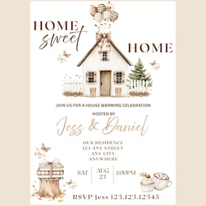 Könnte beinhalten: Eine Aquarell-Einladung zur Einweihungsparty mit den Worten "Home Sweet Home" in eleganter Schrift. Das Design zeigt ein weißes Haus, Luftballons, Schmetterlinge und die Namen "Jess & Daniel". Details beinhalten Datum, Uhrzeit und RSVP-Informationen.
