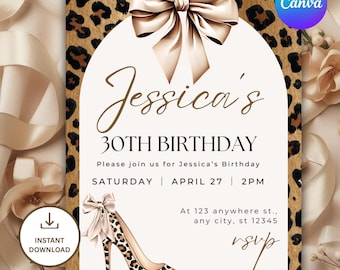 Plantilla de invitación de cumpleaños con estampado de leopardo, tacones altos glamurosos editables, 30.º cumpleaños / Descarga digital