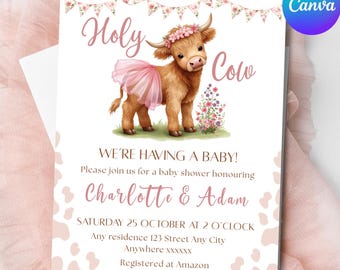 Faire-part de baby shower vache Highland : impression vache rose (modèle sur toile)