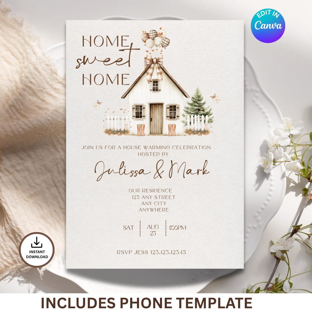 Boho Housewarming Invitation Template: Home Sweet Home, Editable Canva ...