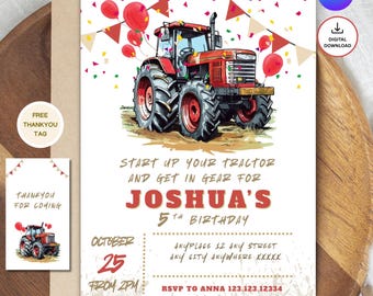 May include: A birthday invitation with a red tractor illustration, balloons, and bunting. The text says "Start up your tractor and get in gear for Joshua's 5th Birthday", with date, time, and RSVP details. Includes a thank you tag.