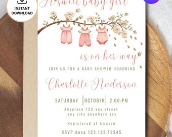 Pink boho clothesline Baby Shower Invitation Girl:   (Digital Download, Editable Canva Template)