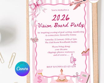 May include: A pink and white invitation for a 2026 Vision Board Party. The invitation features text and illustrations of a plane, camera, money bag, and other icons. The text includes the date, time, and location.