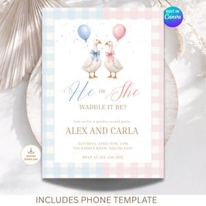 Silly Goose Gender Reveal Editable Canva Template | He or She Waddle It Be Party | Digital Download