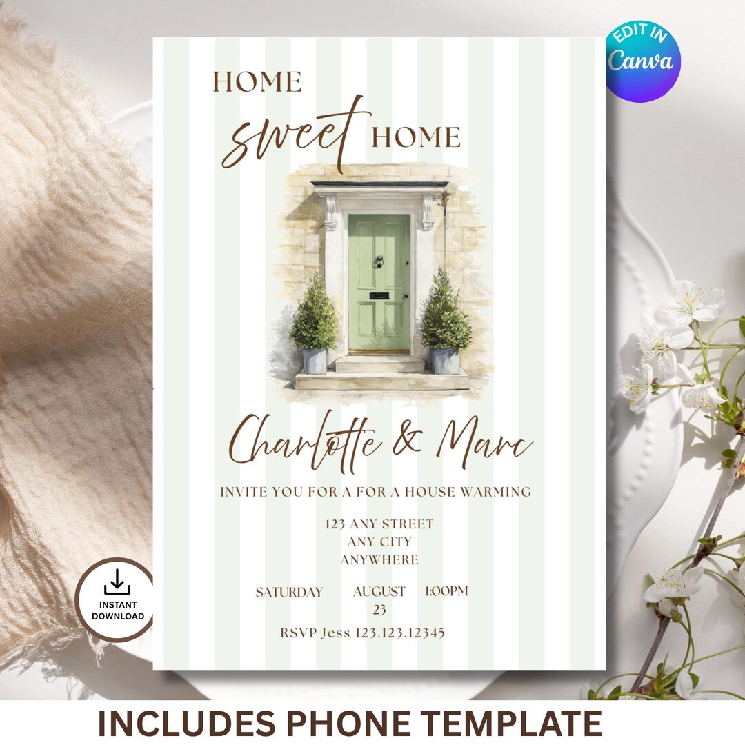 Housewarming Invitation Template: Modern Sage Door Design , Home Sweet ...