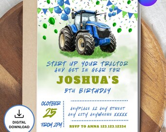 May include: A blue tractor birthday invitation with green and blue accents. The invitation includes the text "Start up your tractor and get in gear for Joshua's 5th birthday." It also includes the date, time, location, and RSVP information.