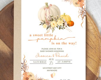 Invitación de calabaza para baby shower: Diseño otoñal en acuarela (plantilla de Canva, descarga digital) Género neutro