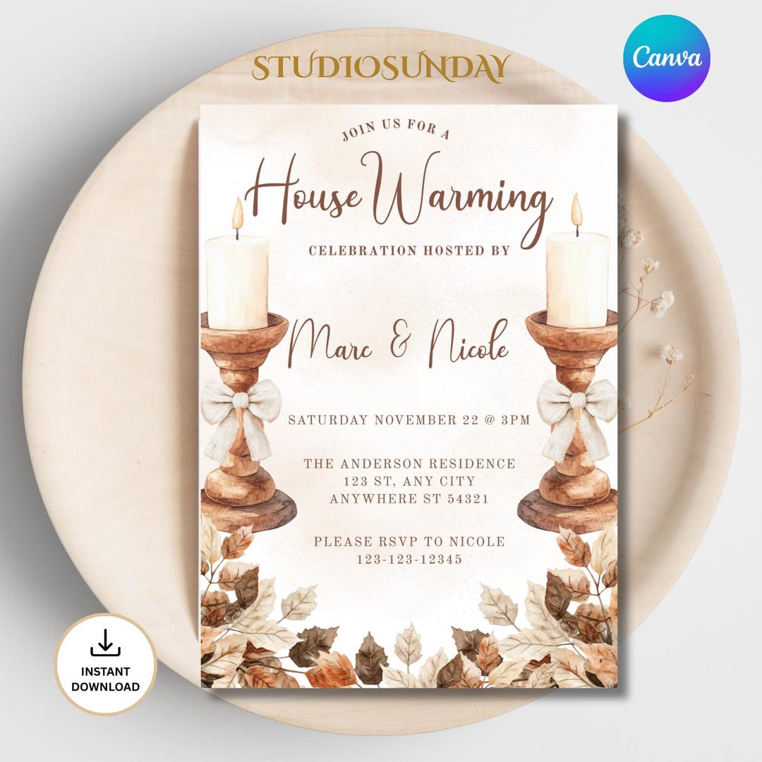 Rustic Boho Housewarming Invitation Template: Elegant Candle Design ...