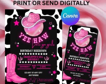 Pink Cowgirl  Birthday Invitation: Disco Western Theme, Esitable Invite  (Digital Download Template)