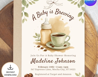 A Baby is brewing Baby Shower Invitation,  Coffee Bean Invite , Gender Neutral Digital Download Template