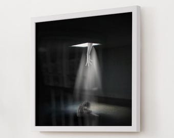 Reaching Down – Dark Emotional Art Print | Light in Darkness Surreal Wall Art | Trauma Healing Grief PNG Download