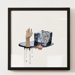 May include: Framed art print featuring a surrealist composition. A melting clock rests on a black surface, with a hand emerging from the surface and another hand holding the clock. Black drips cascade down the artwork.