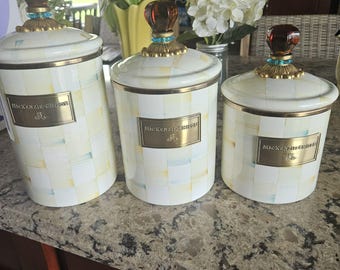 Vintage Mckenzie Childs 3 Piece Small, Medium, Large Canister w/ Covers and Amber Glass Knobs.