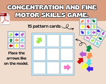 May include: A concentration and fine motor skills game featuring a 3x3 grid, 15 pattern cards with colorful directional arrows, and a set of loose arrows. The text reads: CONCENTRATION AND FINE MOTOR SKILLS GAME. Place the arrows like on the model.