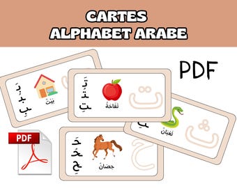 May include: A set of rectangular educational flashcards titled CARTES ALPHABET ARABE in PDF format. Each card features an Arabic letter, a corresponding word in Arabic script, and a colorful illustration of a house, apple, snake, or horse.