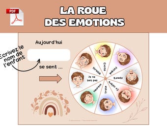 May include: A printable chart titled LA ROUE DES EMOTIONS featuring a circular wheel divided into eight segments, each showing a cartoon face expressing a different emotion with French labels including Excité, Fatigué, Apeuré, En colère, Triste, Heureux, Je ne sais pas, and Stressé.