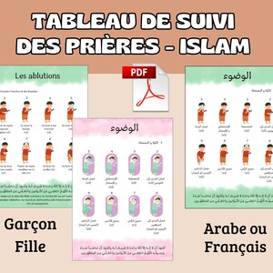 Peut inclure: Trois affiches éducatives intitulées TABLEAU DE SUIVI DES PRIÈRES - ISLAM, Les ablutions et Al-Wudu. Elles présentent des illustrations numérotées d'enfants effectuant les étapes des ablutions avec du texte en français et en arabe, et une icône PDF.