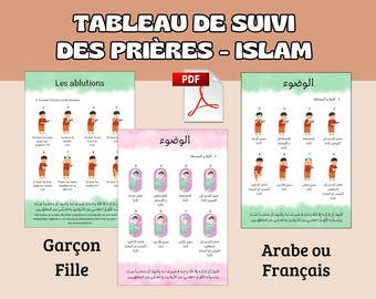 May include: Three educational charts titled TABLEAU DE SUIVI DES PRIÈRES - ISLAM, Les ablutions, and Al-Wudu. The charts feature numbered illustrations of children performing ablution steps with text in French and Arabic, plus a PDF icon.