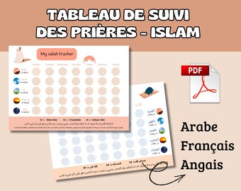 May include: Two rectangular prayer tracker charts with a grid of circles for daily salah. One chart features English text including 'My salah tracker' and the other features Arabic text. Both include illustrations of prayer times and dhikr phrases.