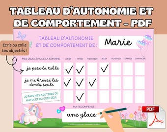 May include: A pink printable behavior and autonomy chart featuring the text TABLEAU D'AUTONOMIE ET DE COMPORTEMENT - PDF. The grid includes columns for days of the week, rows for goals like je pose la table, and illustrations of a unicorn and balloons.