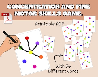 May include: A printable PDF concentration and fine motor skills game featuring 36 different cards. Each card displays a white background with various colored dots connected by black lines, requiring a pen to trace patterns between the dots.