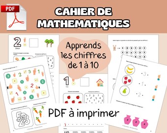 May include: A printable PDF mathematics workbook for children featuring educational worksheets with numbers from 1 to 10. The pages include counting exercises, number tracing, and matching activities with illustrations of fruits, vegetables, and hand signs.