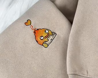 Calcifer Howl’s Moving Castle Embroidered Sweatshirt, Studio Ghibli Movie Crewneck, Calcifer & Sophie Gift for Otaku
