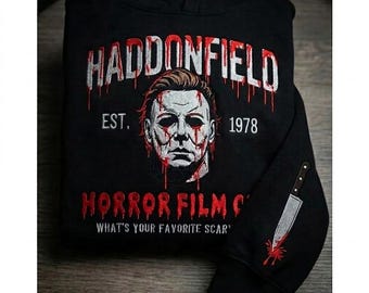 Michael Myers Embroidered Hoodie, Haddonfield Horror Film Club Sweatshirt, Custom Halloween Embroidery Crewneck, Spooky Movie Lover Gift