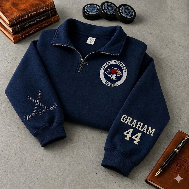 Puede incluir: Una sudadera azul marino con cremallera de un cuarto que presenta el logotipo de Briar University Hawks en el pecho, palos de hockey cruzados en la manga derecha y el nombre GRAHAM con el n&uacute;mero 44 bordados en blanco en la manga izquierda.