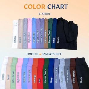 Puede incluir: Carta de colores que muestra camisetas y sudaderas con capucha/sudaderas en varios colores. Los colores de las camisetas incluyen blanco, arena, gris deportivo, rosa claro, azul claro, morado claro, gris carb&oacute;n, marr&oacute;n oscuro, verde bosque, azul marino y negro. Los colores de las sudaderas con capucha/sudaderas incluyen blanco, arena, verde menta, rosa claro, azul claro, morado claro, naranja, rojo, verde bosque, azul marino, gris carb&oacute;n, gris deportivo, brezo oscuro, marr&oacute;n oscuro y negro.