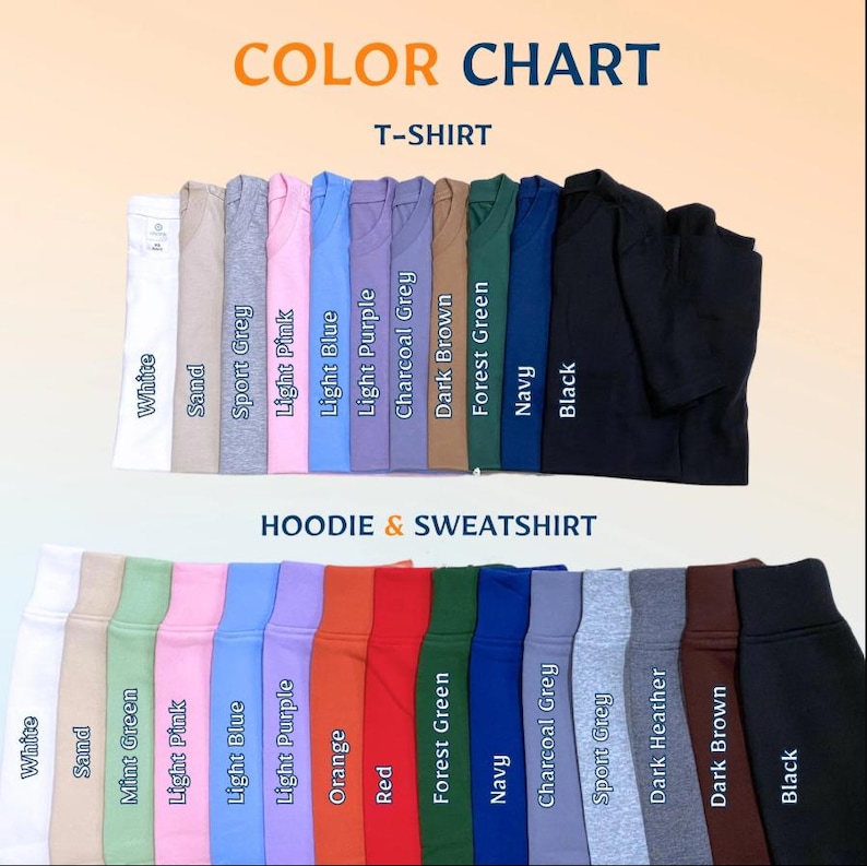 Puede incluir: Carta de colores que muestra camisetas y sudaderas con capucha/sudaderas en varios colores. Los colores de las camisetas incluyen blanco, arena, gris deportivo, rosa claro, azul claro, morado claro, gris carb&oacute;n, marr&oacute;n oscuro, verde bosque, azul marino y negro. Los colores de las sudaderas con capucha/sudaderas incluyen blanco, arena, verde menta, rosa claro, azul claro, morado claro, naranja, rojo, verde bosque, azul marino, gris carb&oacute;n, gris deportivo, brezo oscuro, marr&oacute;n oscuro y negro.