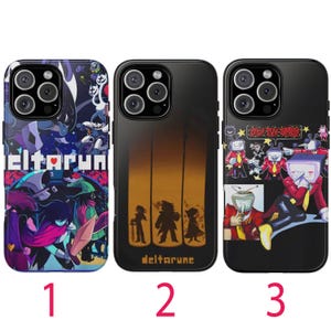 May include: Three black phone cases with colorful designs. One case features characters and the text "deltarun", another has silhouettes against an orange background, and the third has cartoon characters and the text "IT'S TV TIME!"