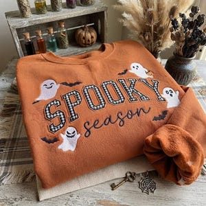 Spooky Season Embroidered Sweatshirt, Ghost Halloween Crewneck, Minimal Halloween Sweatshirt, Cute Ghost Embroidery, Cozy Fall Pullover Gift