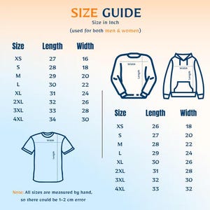 Puede incluir: Una gu&iacute;a de tallas en pulgadas para ropa, incluyendo camisetas, sudaderas y sudaderas con capucha. La gu&iacute;a muestra las medidas para las tallas XS a 4XL, con dimensiones de largo y ancho. Posible error de 1-2 cm debido a la medici&oacute;n manual.