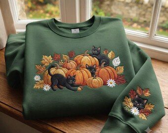 Sudadera bordada de calabaza y gato negro, sudadera de calabaza de otoño, sudadera de cuello redondo con gato de Halloween, sudadera acogedora bordada de otoño