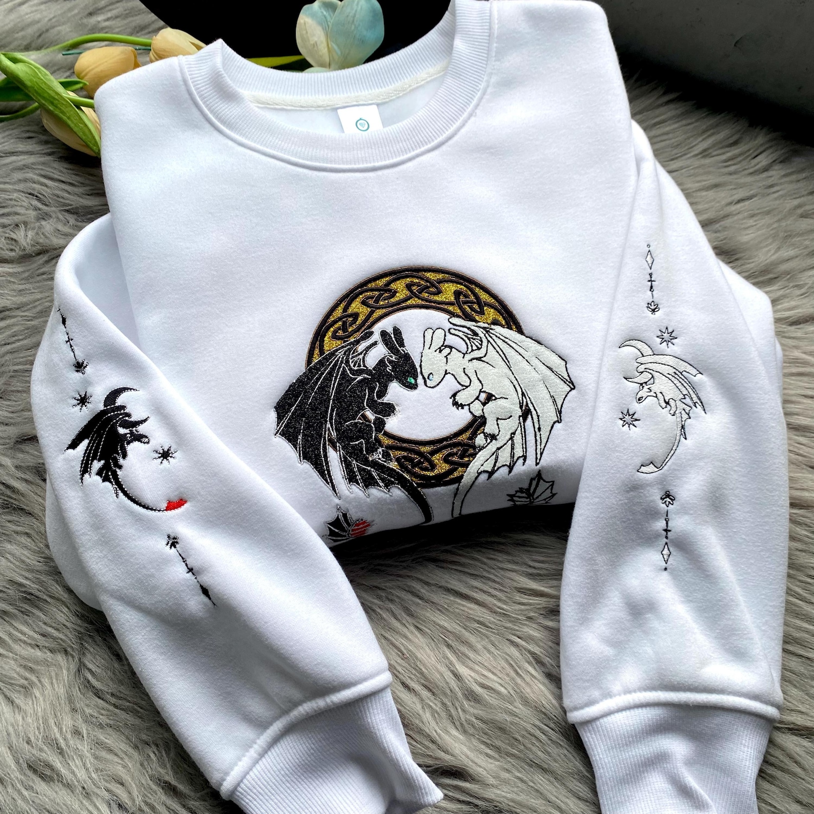 Pullover Animation Toothless and Light Fury Embroidered Sweatshirt, Cute Dragon Couple ...