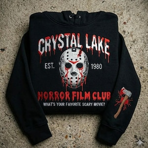 Maglietta del Crystal Lake Horror Film Club, felpa con cappuccio ricamata di Jason Voorhees, felpa personalizzata di Venerdì 13, regalo vintage con ricamo di Halloween