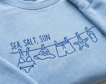 Funny Sea Salt Sun Embroidered Sweatshirt, Cute Summer Beach Crewneck, Minimalist Ocean Line Art Crewneck, Silly Beach Vacation Apparel Gift