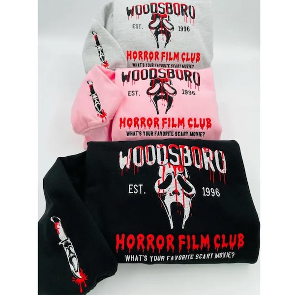 Woodsboro Horror Film Club Embroidered Sweatshirt, Scream Sweatshirt, Movie Sweatshirt, Scary Movie Sweater, Horror Movie Shirt, 90s Horror