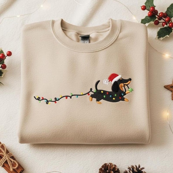Embroidered Dachshund Christmas Sweatshirt With Santa Hat And Lights, Wiener Dog Holiday Shirt, Dog Lover Gift, Cute Christmas Dog Shirt