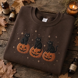 Halloween Black Cat Sweatshirt, Pumpkin Cat Embroidered Sweatshirt, Cute Fall Pullover, Spooky Season Gift, Halloween Sweater