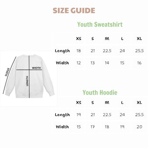 May include: A size guide chart for youth sweatshirts and hoodies. The graphic displays a white sweatshirt with black lines indicating sleeve, length, and width measurements. Tables list sizes XS through XL with corresponding values in inches.